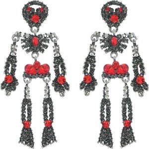 Skeleton Black n Red Rhinestone Earrings Halloween Silver Skull CZ Skeletons New